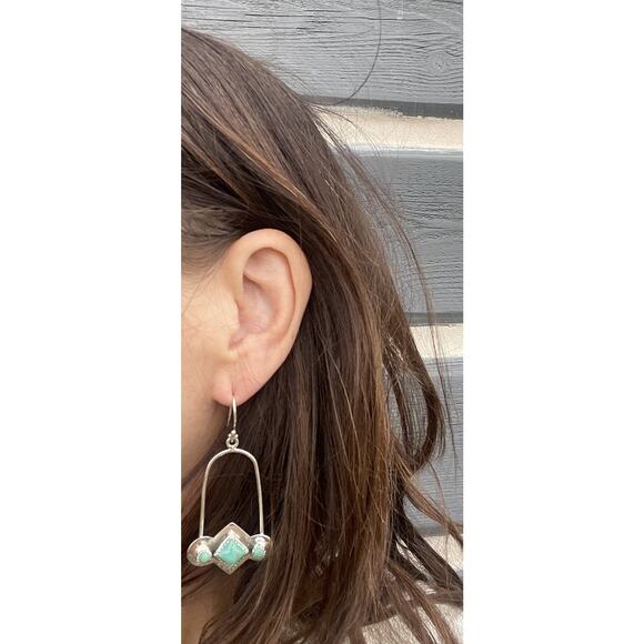 Turquoise Sterling Silver Wire Earrings Native Style SW Big 3 Stone Drop Hoop - Picture 2 of 5
